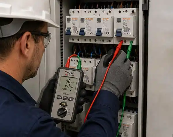 A professional electrician using an RCD tester on a commercial electrical distribution board, checking for residual current device faults