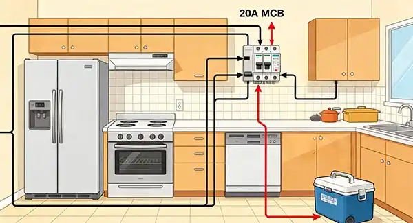 All kitchen appliances are connected to a 20A MCB