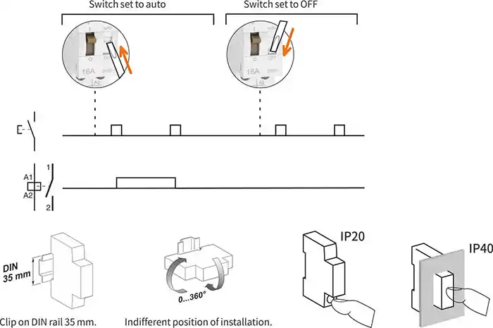 Adjustable off-delay timer DIP switch settings on a staircase lighting impulse relay