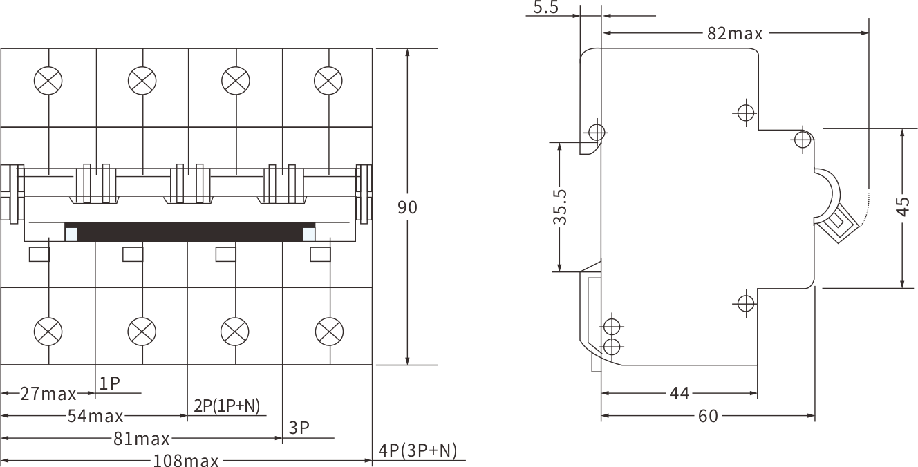 ETEK BIG Current MCB EKM1-125H Size