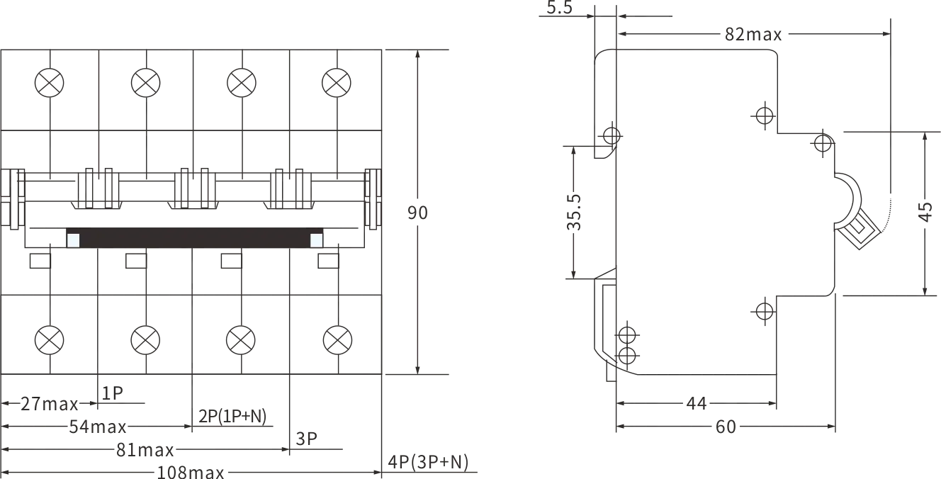 ETEK BIG Current MCB EKM1-125H Size
