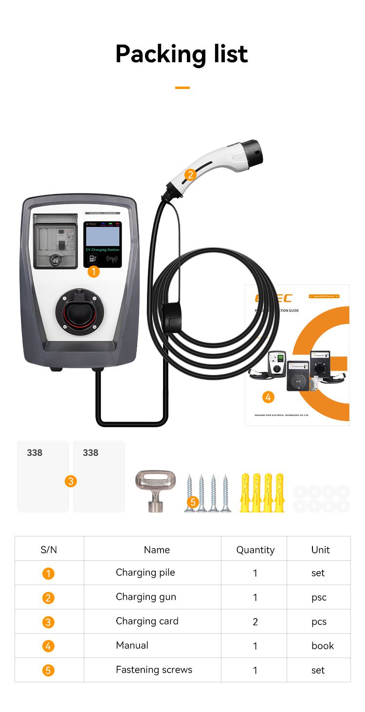 Carte RFID pour voiture électrique AC home EV Charger Wallbox (16A 32A  3.7KW/7.3KW 11KW/22KW) avec prise IEC 62196-2 Type 2 et câble de 5 mètres -  Chine ETEK électrique